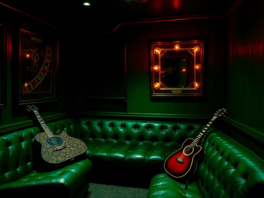 Backstage green room with couches and mirror lights for performing artists
