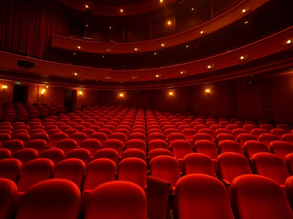 Rows of theater seating facing the stage inside the Forest Park concert hall