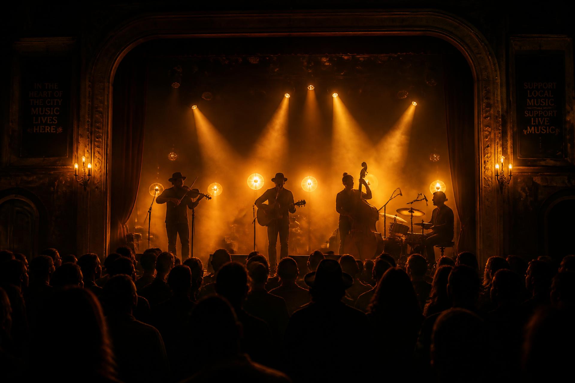 Band performing on a warmly lit stage in front of an audience at a community concert hall